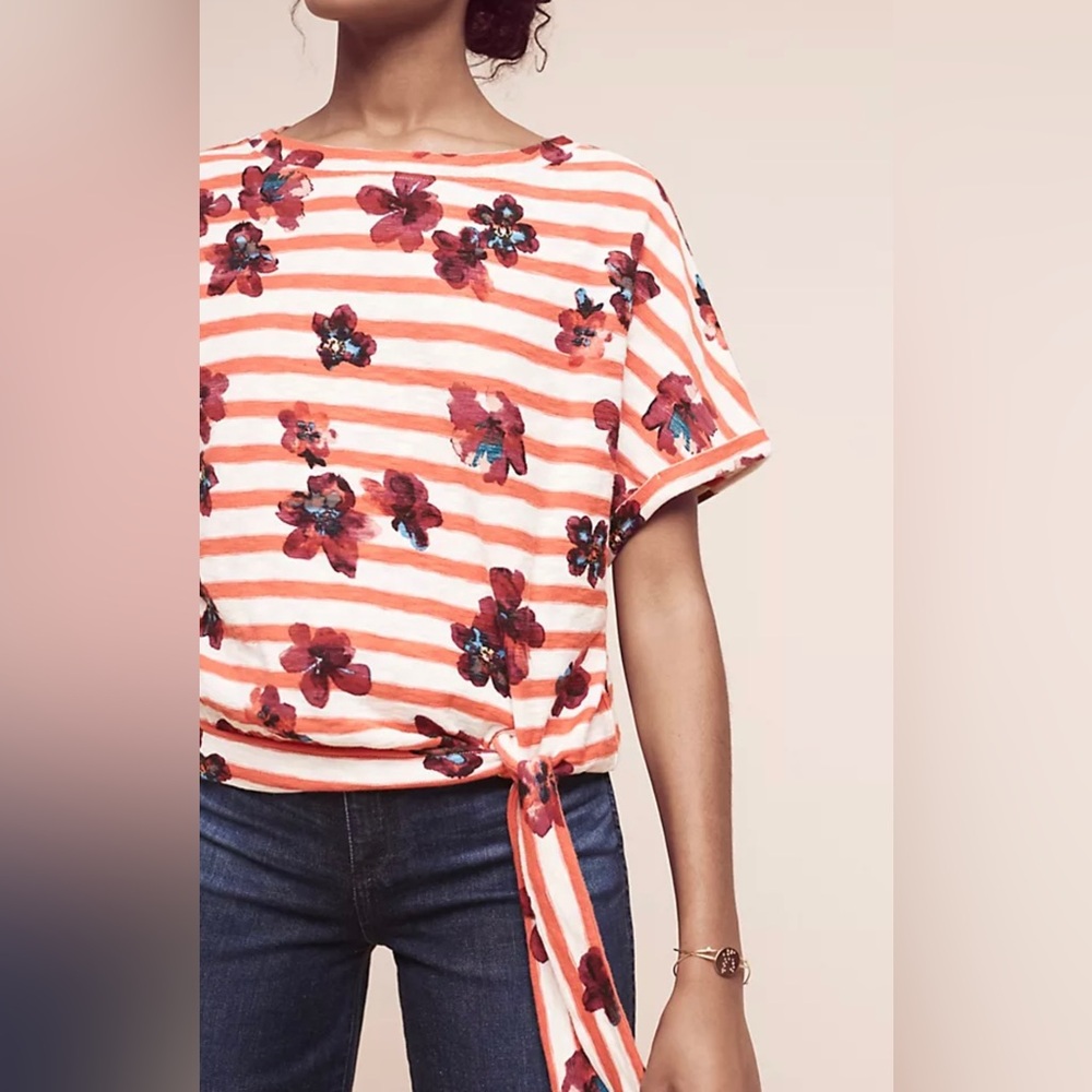 Postmark Anthropologie Striped Floral Tie Waist Short Sleeve Top Shirt